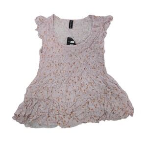 Sacred Threads Boho‎ Floral Smocked Top OS Pink Ruffle Hem Peasant Blouse NWT